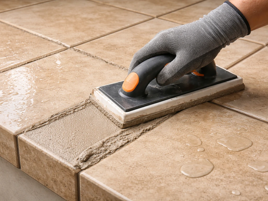 Hand using a grout float diagonally across tile joints, then sealing with visible water-bead sheen