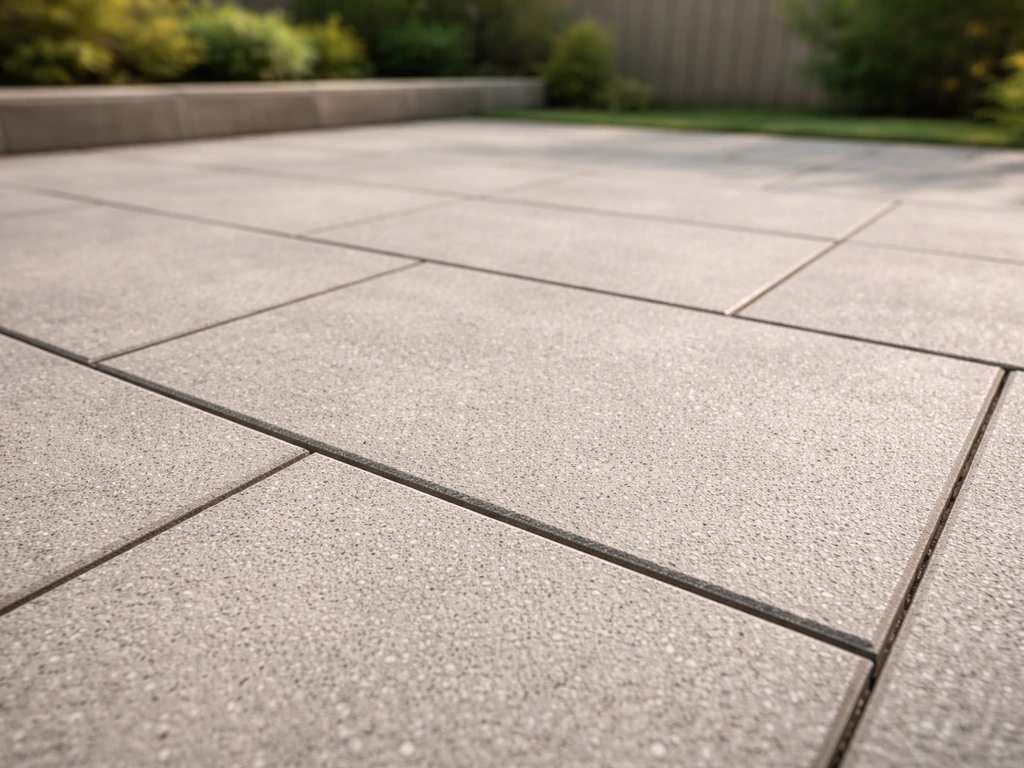 Close view of installed patio slabs with visible joints and textured slip-resistant surface in a backyard