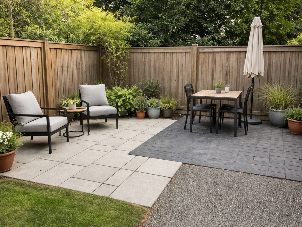 Minimal backyard patio with separate decorative seating and a small dining area on stone slabs.