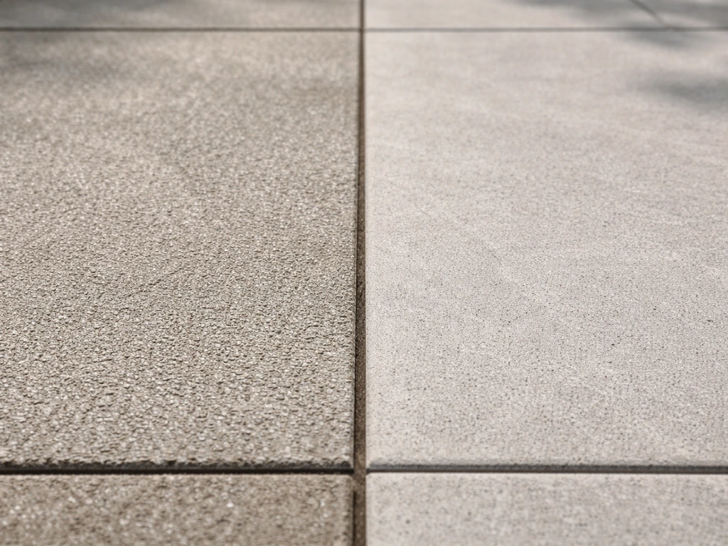 Close-up of two adjoining porcelain paver finishes—textured anti-slip and smoother matte outdoors.