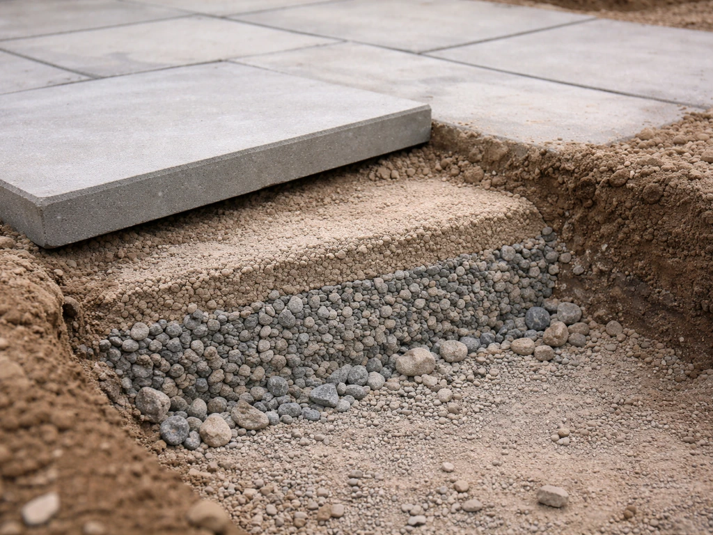 Large concrete slab beside an exposed sub-base cross-section showing base layers under the slab.