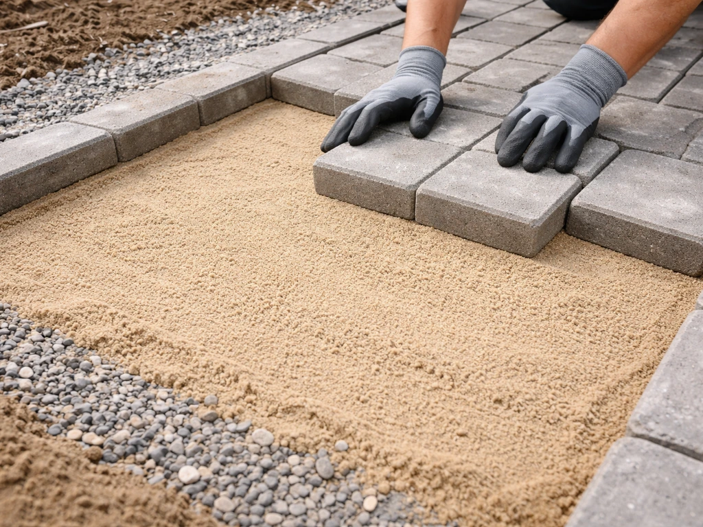 Gloved hands place interlocking pavers on a screeded sand bed over a compacted base outdoors.
