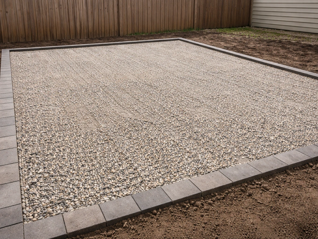 Newly built crushed stone patio with clean edging and gentle slope for visible drainage