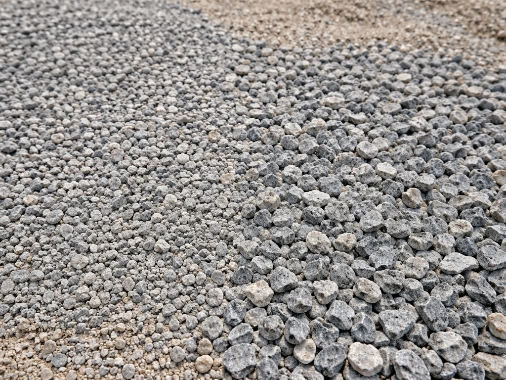 Close-up of angular crushed stone with two visible size clusters for a patio surface