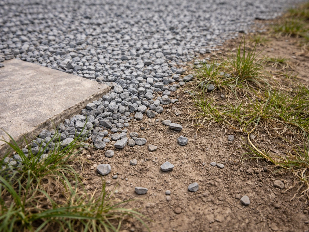 Crushed stone scattered outward from a patio edge onto adjacent soil and sparse grass.