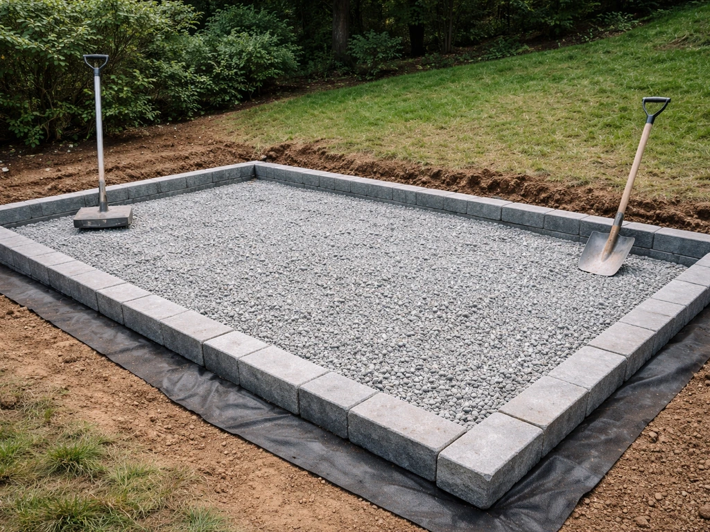 Excavated patio base with compacted gravel, geotextile, and straight edging stones along the perimeter.