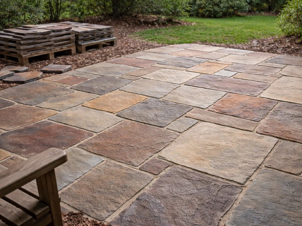 Close view of a finished flagstone patio with visible natural texture and color variation.