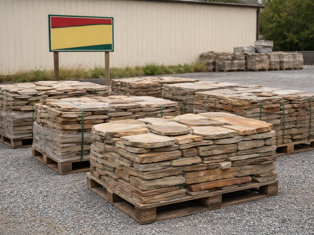 Minimal photo of a stone yard with stacked flagstone pallets and a supplier sign, outdoors
