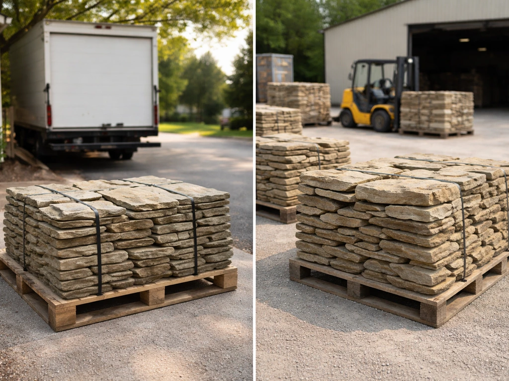 Side-by-side: flagstone pallet delivery on a driveway versus stacked flagstone at a stone yard pickup area.