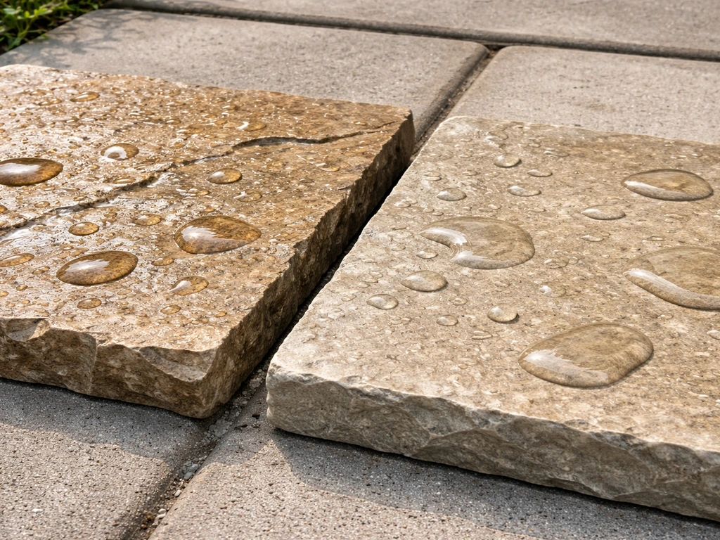 Two outdoor flagstone finish samples, one natural cleft with wet-slip-resistant texture and one smoother finish