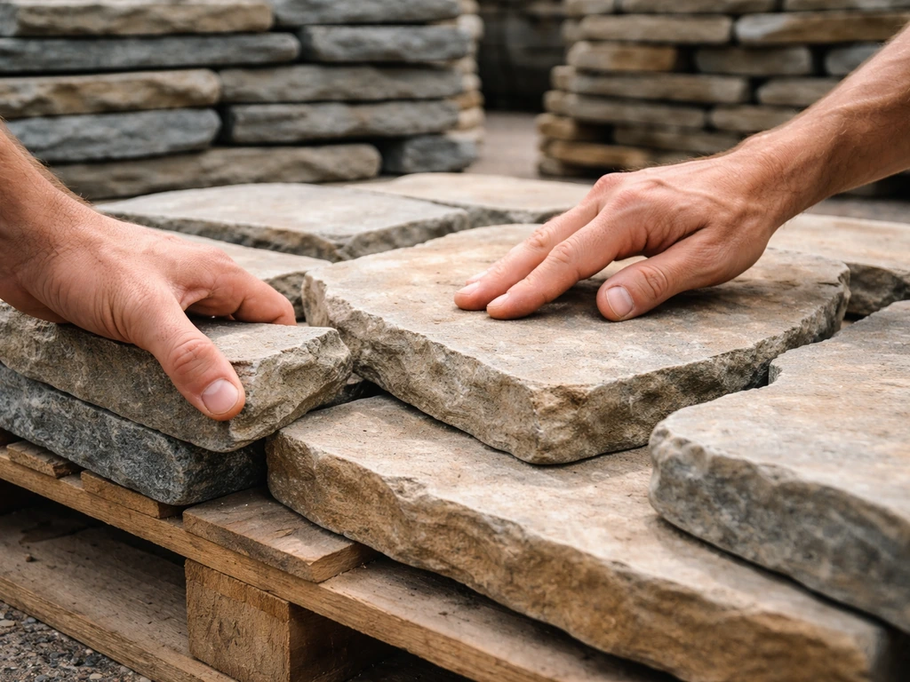 Close-up of hands inspecting flagstone edges and color consistency on stacked stones in a stone yard.