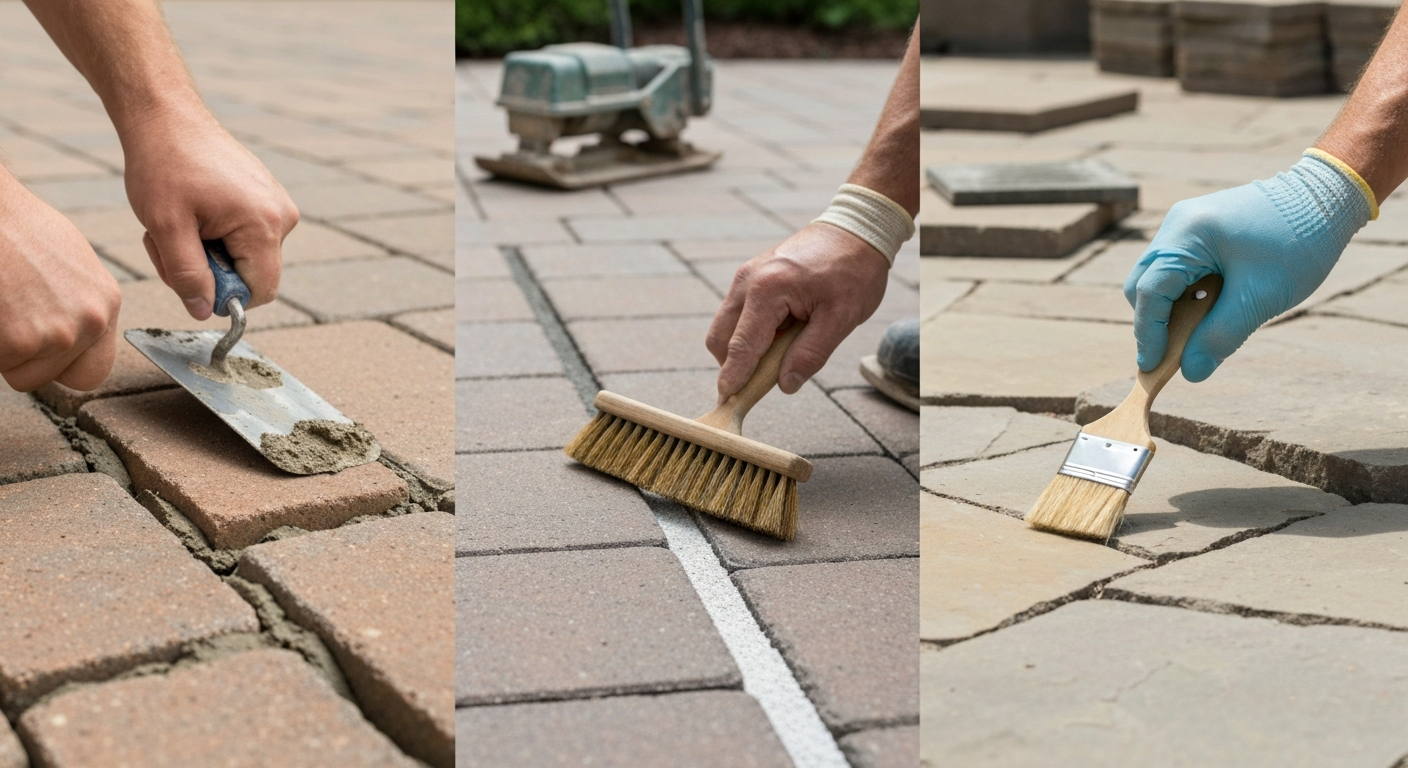Close-up showing three patio jointing methods: packing mortar with a trowel, sweeping polymeric sand into paver joints, and pouring resin into a sand-filled joint. Tools and different paving types visible in the background.