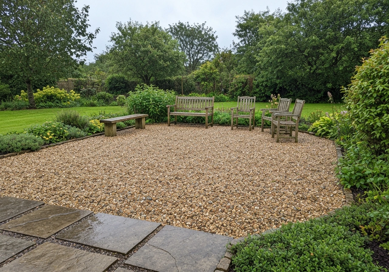 Wide rustic cottage garden showing a large gravel patio with natural drainage and simple outdoor seating.