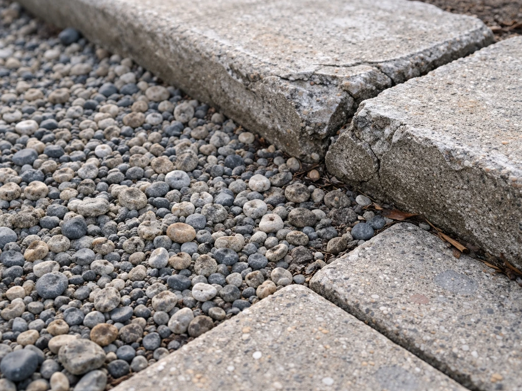 Intact gravel patch beside cracked, spalled concrete/paver surface to suggest durability in freeze-thaw.