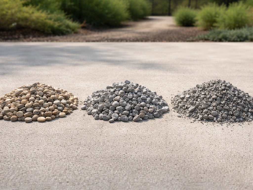 Small pile of gravel samples showing different sizes—pea gravel, crushed granite, and crusher run in separate mounds.