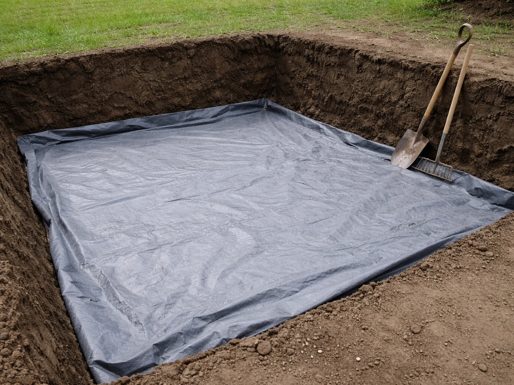 Excavated gravel patio area with compacted base and geotextile weed barrier before gravel is spread