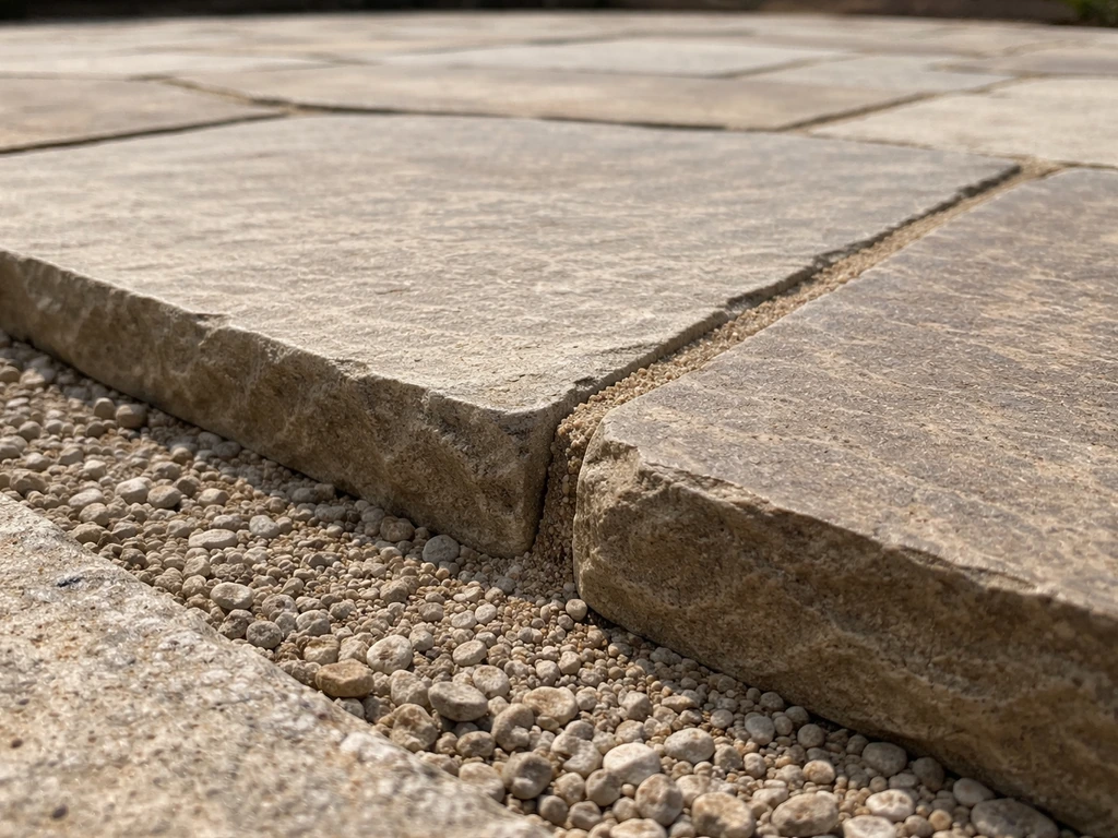 Close-up of an installed flagstone patio showing slab thickness at the edge and joints between stones.