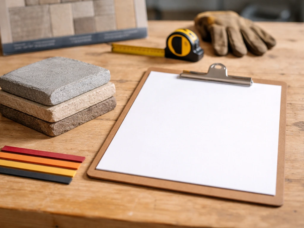 Blank clipboard with flagstones and colored strips suggesting patio thickness ranges, no text.