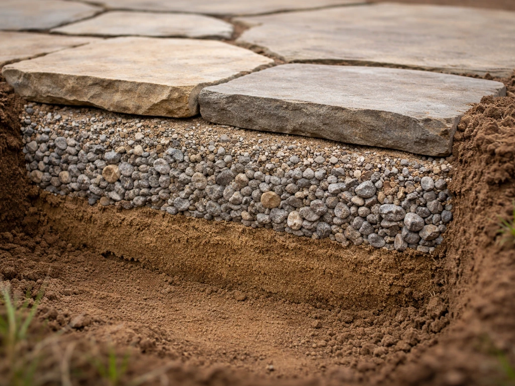 Cut-away view of a flagstone patio layer stack with compacted crushed gravel beneath stones.