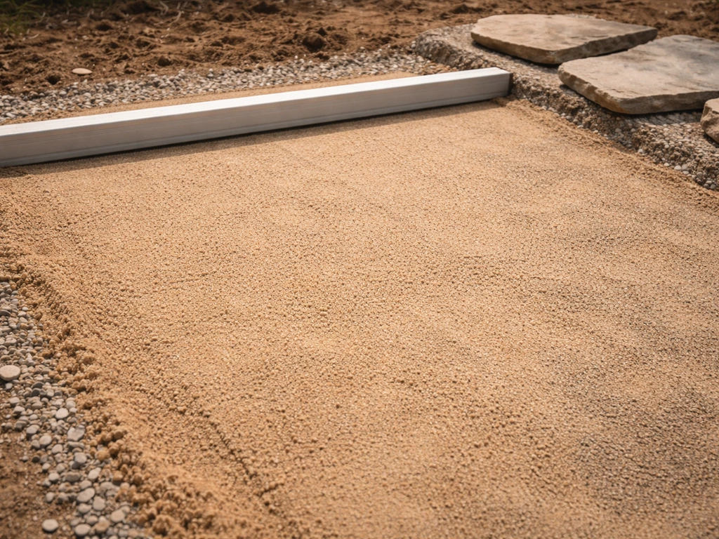 Close-up of coarse sand screeded smooth to a consistent depth before setting stones