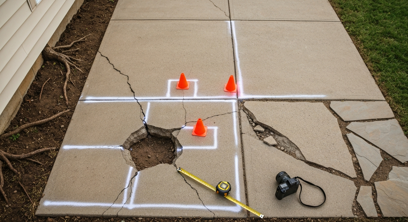 Overhead photo of a backyard patio showing hairline cracks, a sunken slab section, spalled concrete, and a loose flagstone; problem areas marked with spray paint and cones, with measuring tape and camera nearby.
