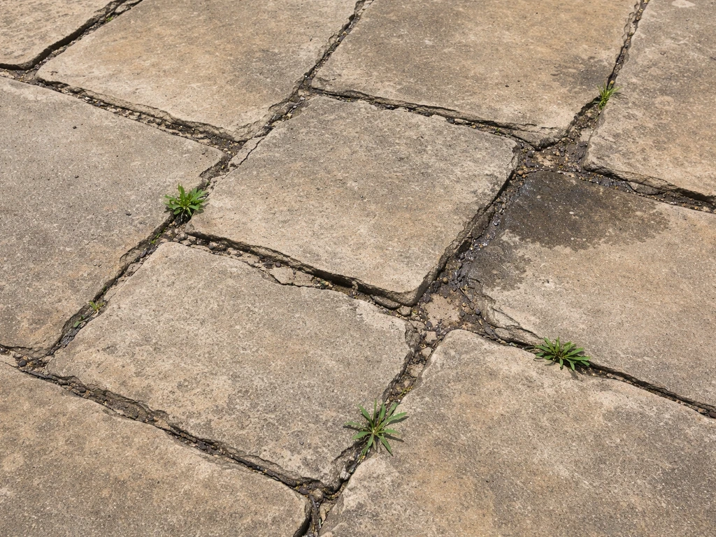 Top-down view of a weathered flagstone patio with uneven stones and disturbed joints