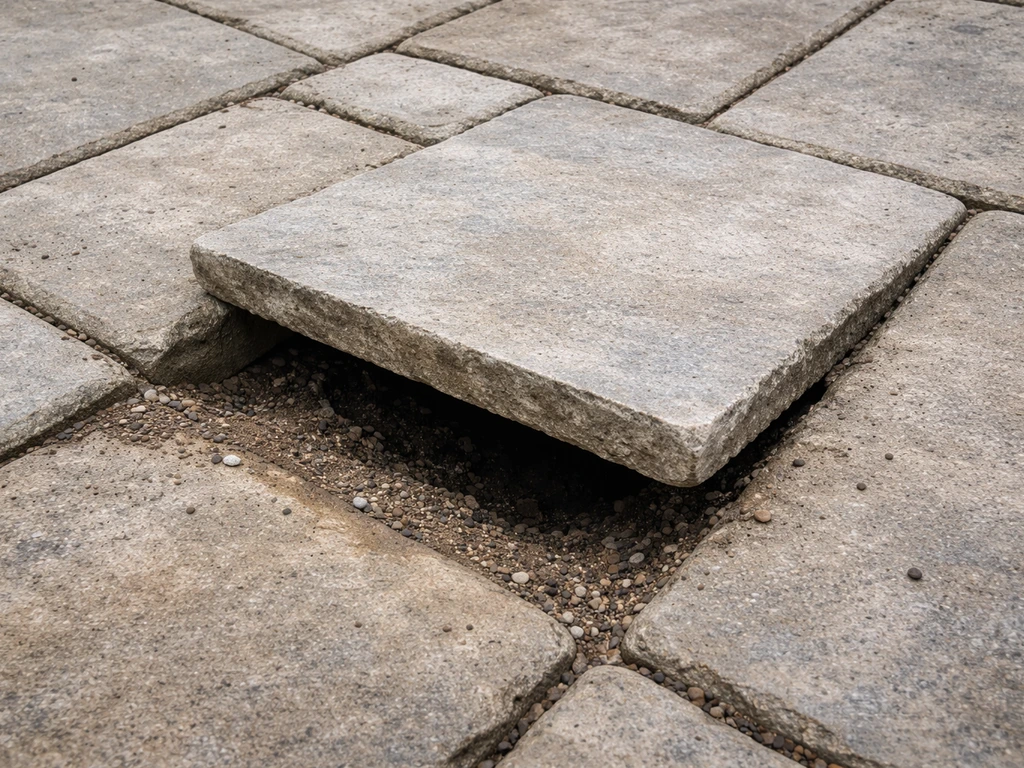 Flagstone with one corner lifted, showing a void underneath and surrounding sand bedding