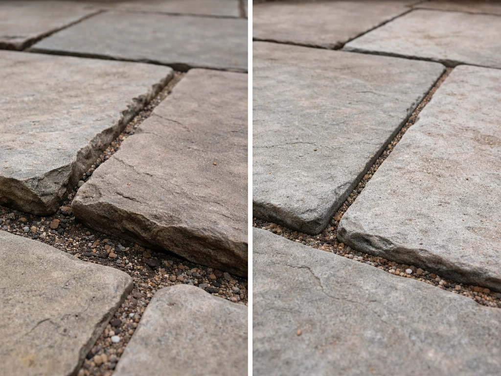 Close-up of patio flagstones showing one sunken dip beside a level section