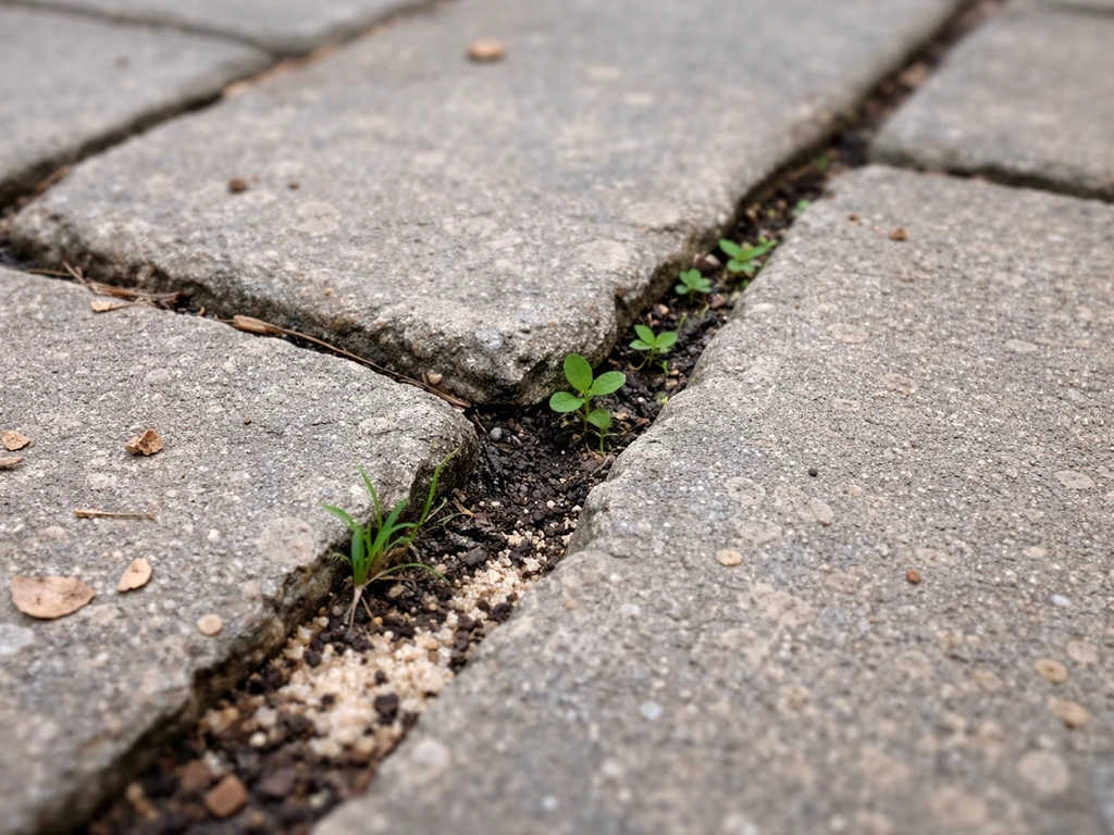 Close-up of washed-out patio joints with weeds growing through loose sand between stones
