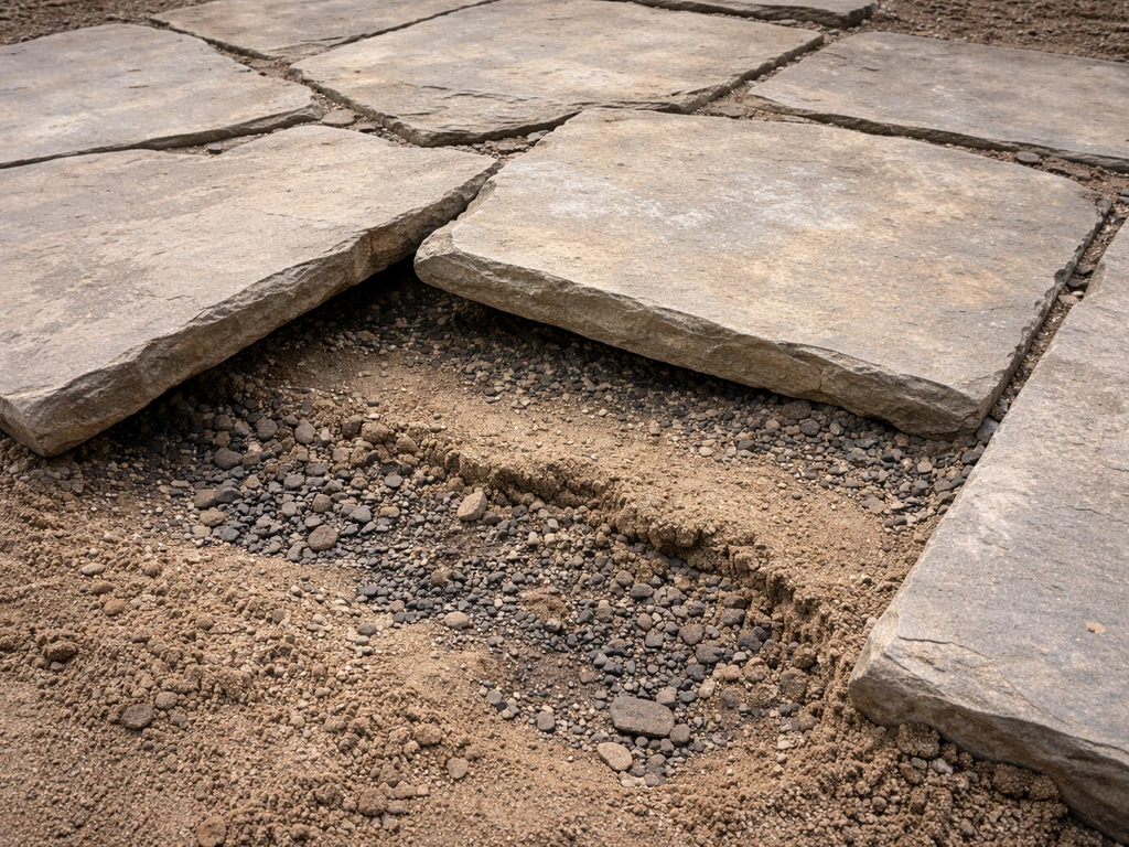 Exposed flagstone patio base showing poor slope, washed-out subbase, and displaced bedding stones