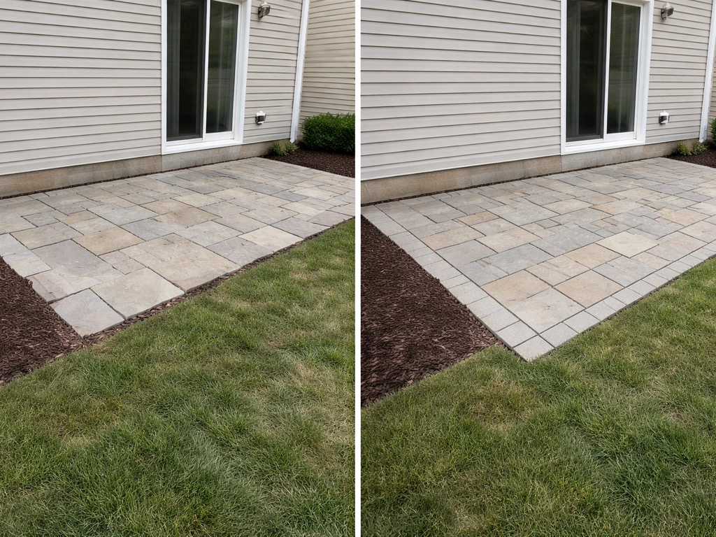 Side-by-side view of two flagstone patio layouts: a straight rectangular layout vs a properly edged rectangle plan.