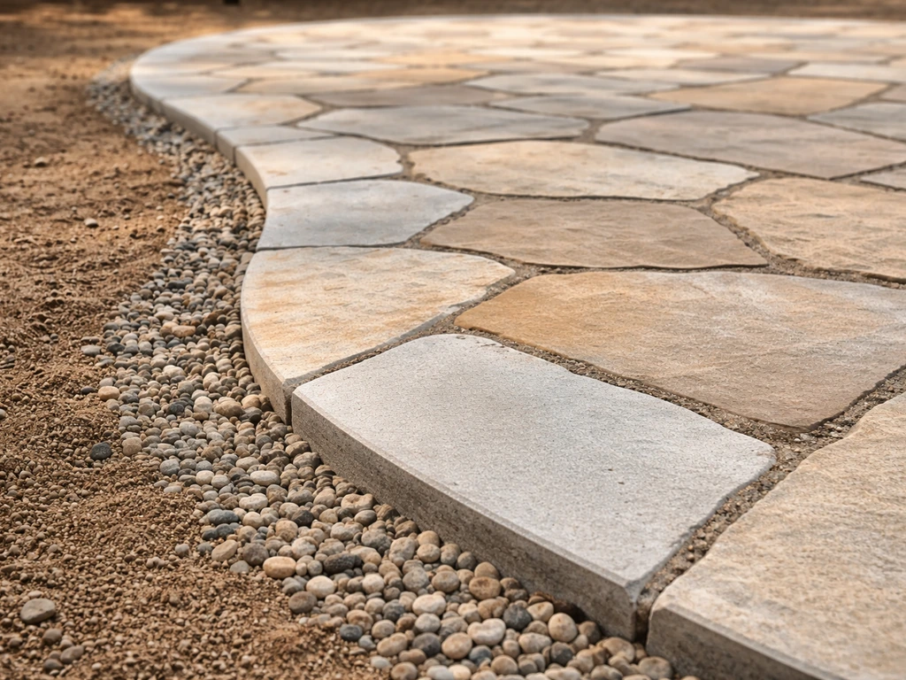 Curved patio border with irregular cut flagstones forming a smooth organic sweep