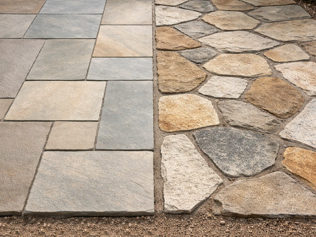 Side-by-side patio stones: cut rectangular flagstone on one side, irregular fieldstone on the other.