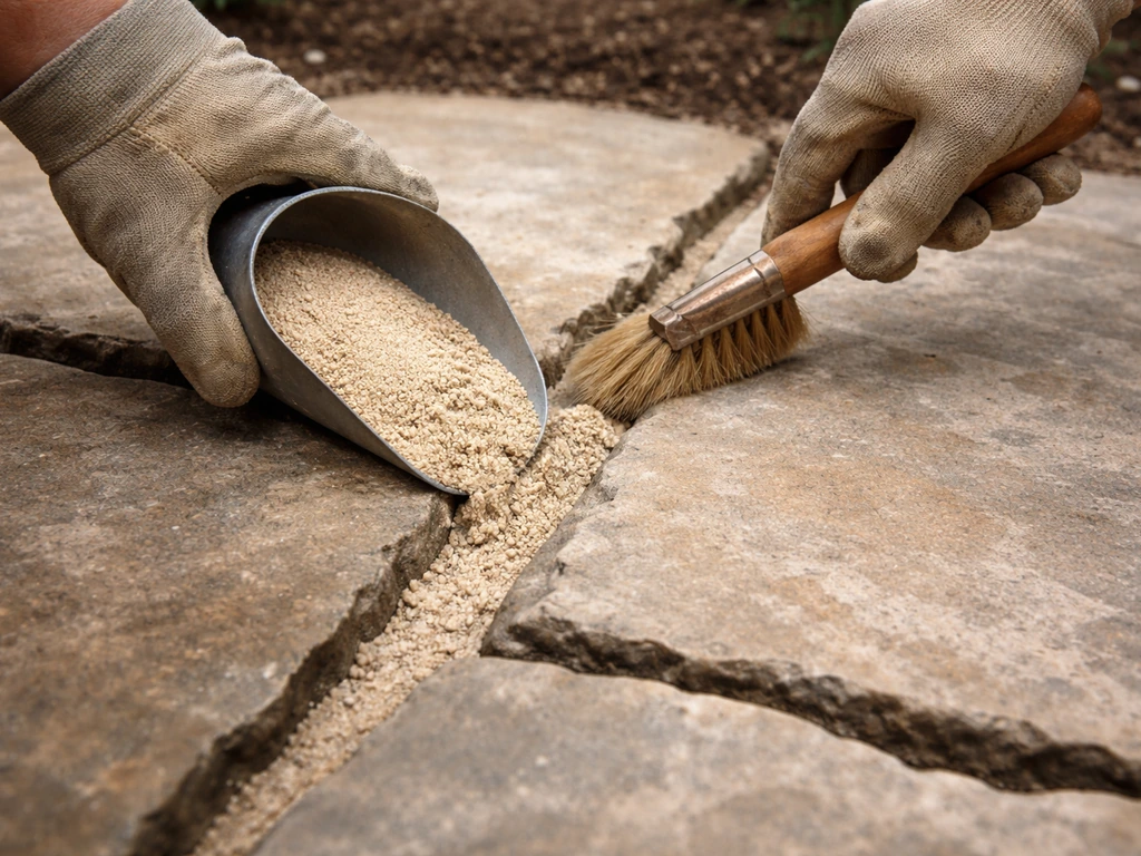 Gloved hands pouring polymeric sand into flagstone joints on a patio.