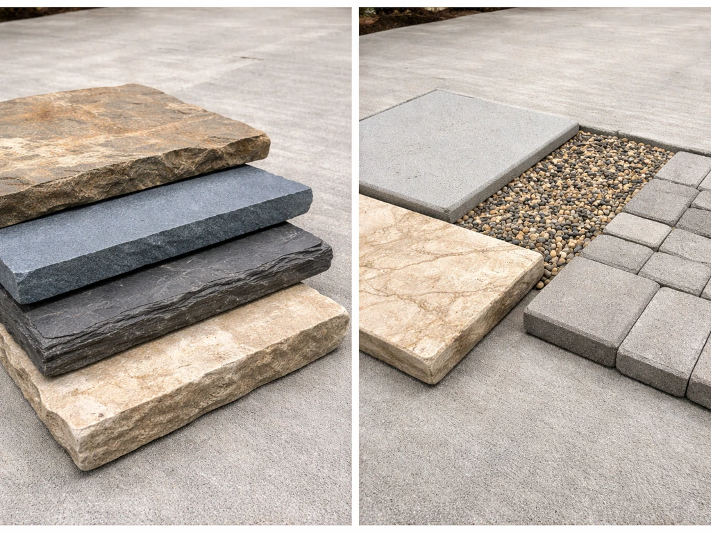 Side-by-side photo of natural stone slabs and other patio surfaces showing different textures and thickness.
