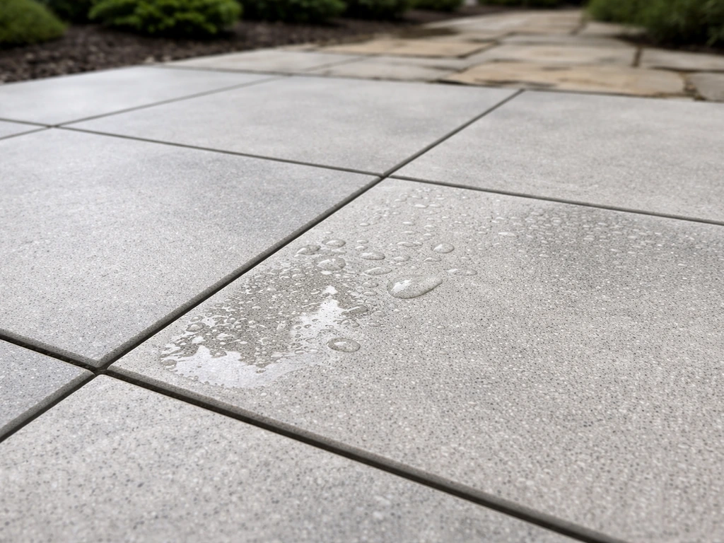 Close-up of porcelain pavers with tight joints and smooth surfaces, slight water beading on top.