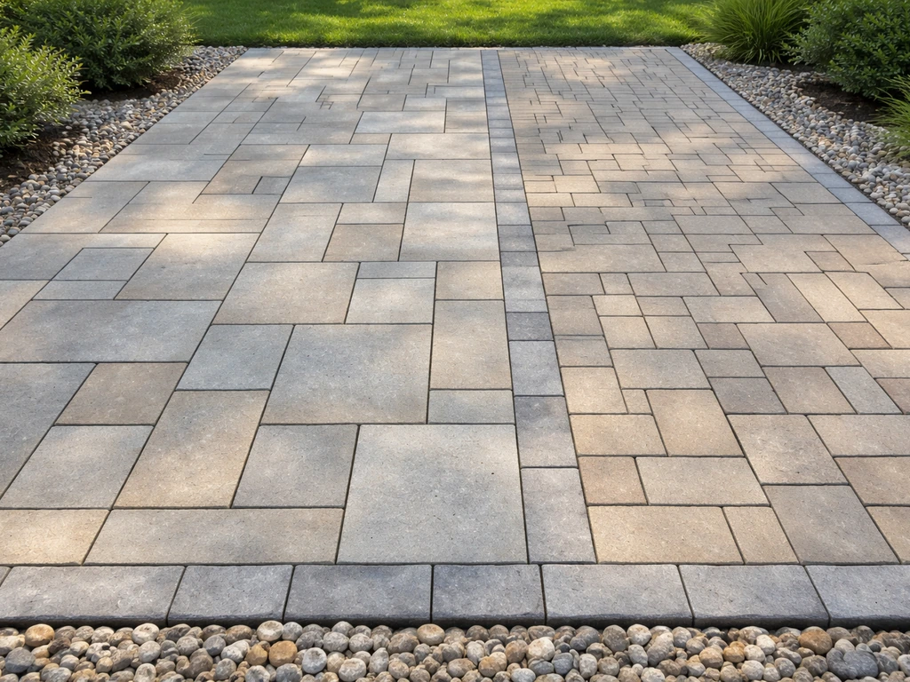 Close-up of a patio showing rectangular grid and running-bond stone layouts with edging.