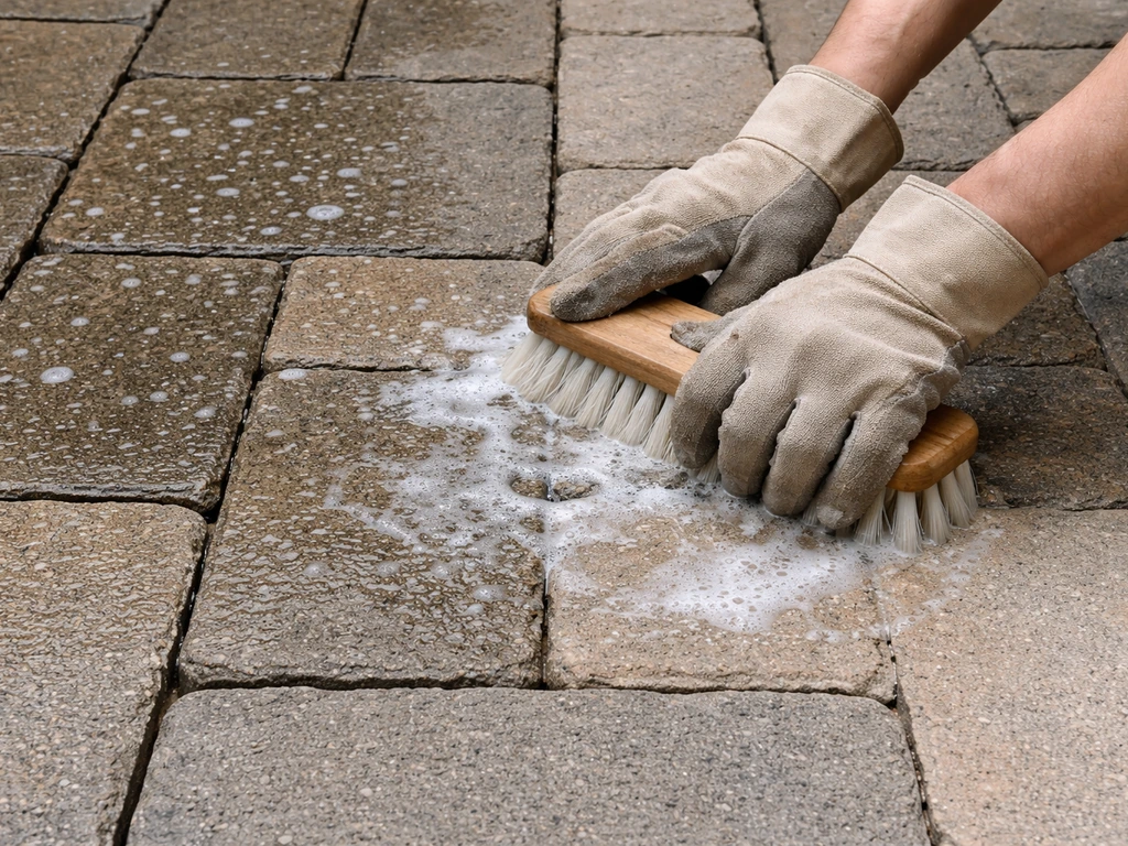 Person scrubbing patio stones with a stiff brush and soapy water, with sealed and unsealed areas nearby.