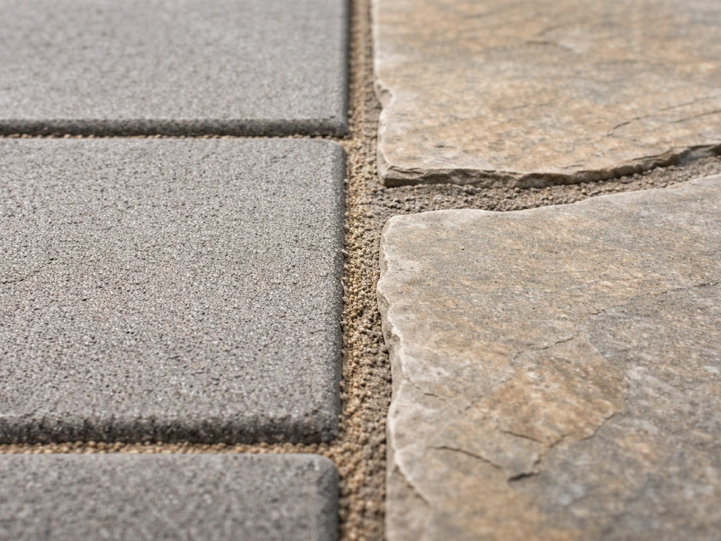 Close-up of patio joints showing polymeric sand on pavers and mortar grout on stone slabs.