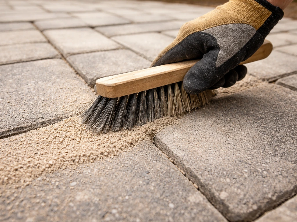 Gloved hand brushing polymeric sand into the joints between concrete pavers.