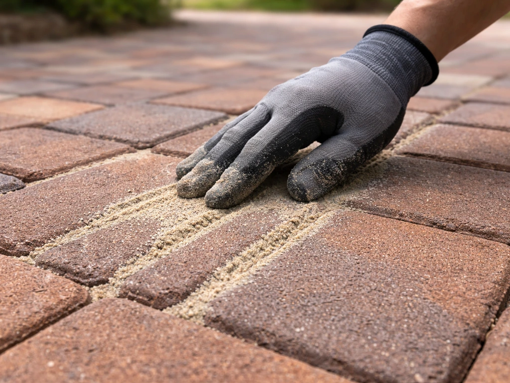 Gloved hand spreading polymeric sand into brick paver patio joints, showing fill level and spread pattern.