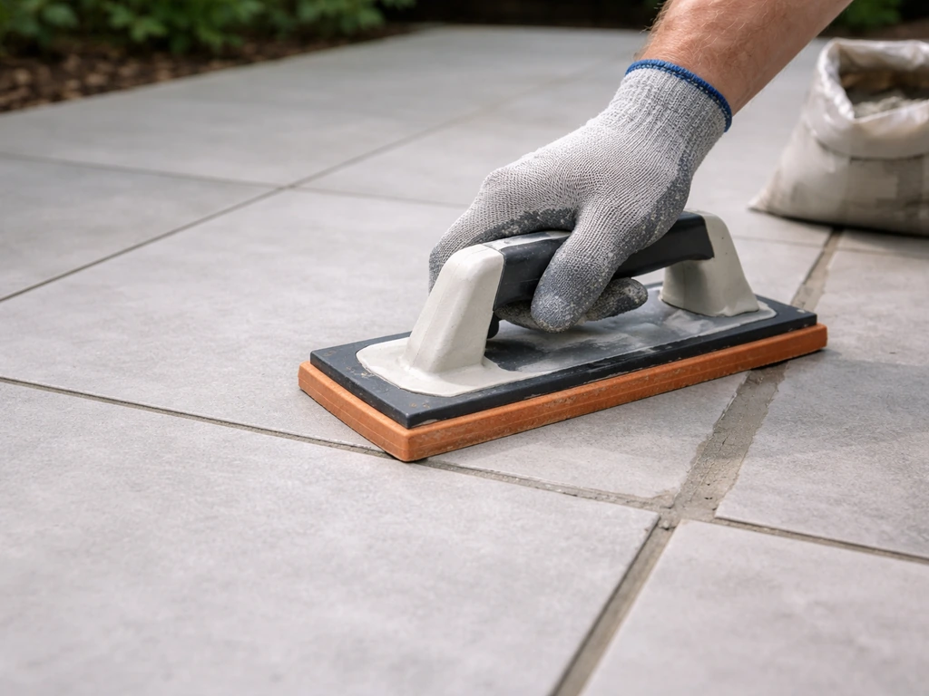 Tile installer applying grout with a grout float into narrow joints on an outdoor concrete-slab patio