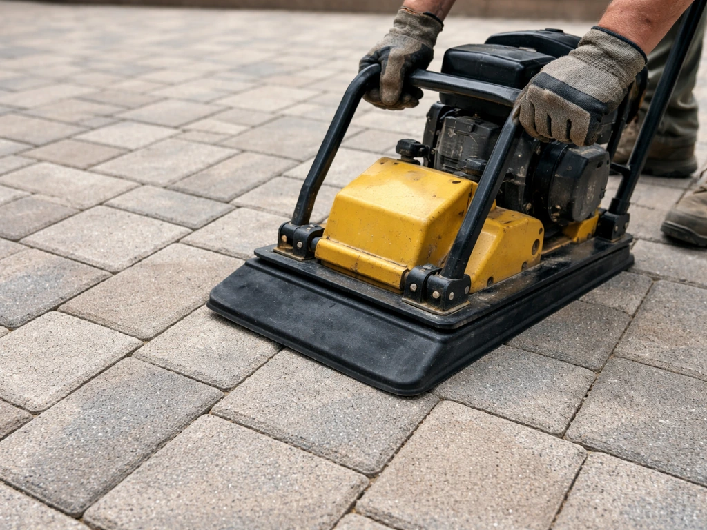 Gloved hands operating a plate compactor over dry pavers with polymeric jointing sand in the joints.