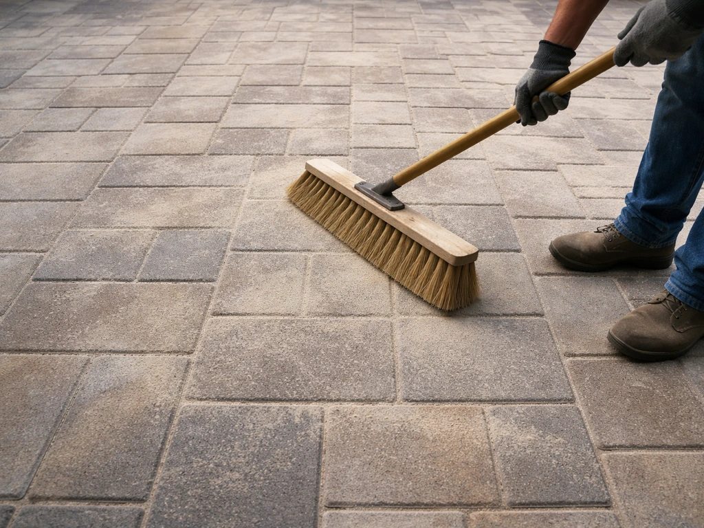 Darkened paver stones with polymeric sand haze and a soft push broom ready to sweep after curing