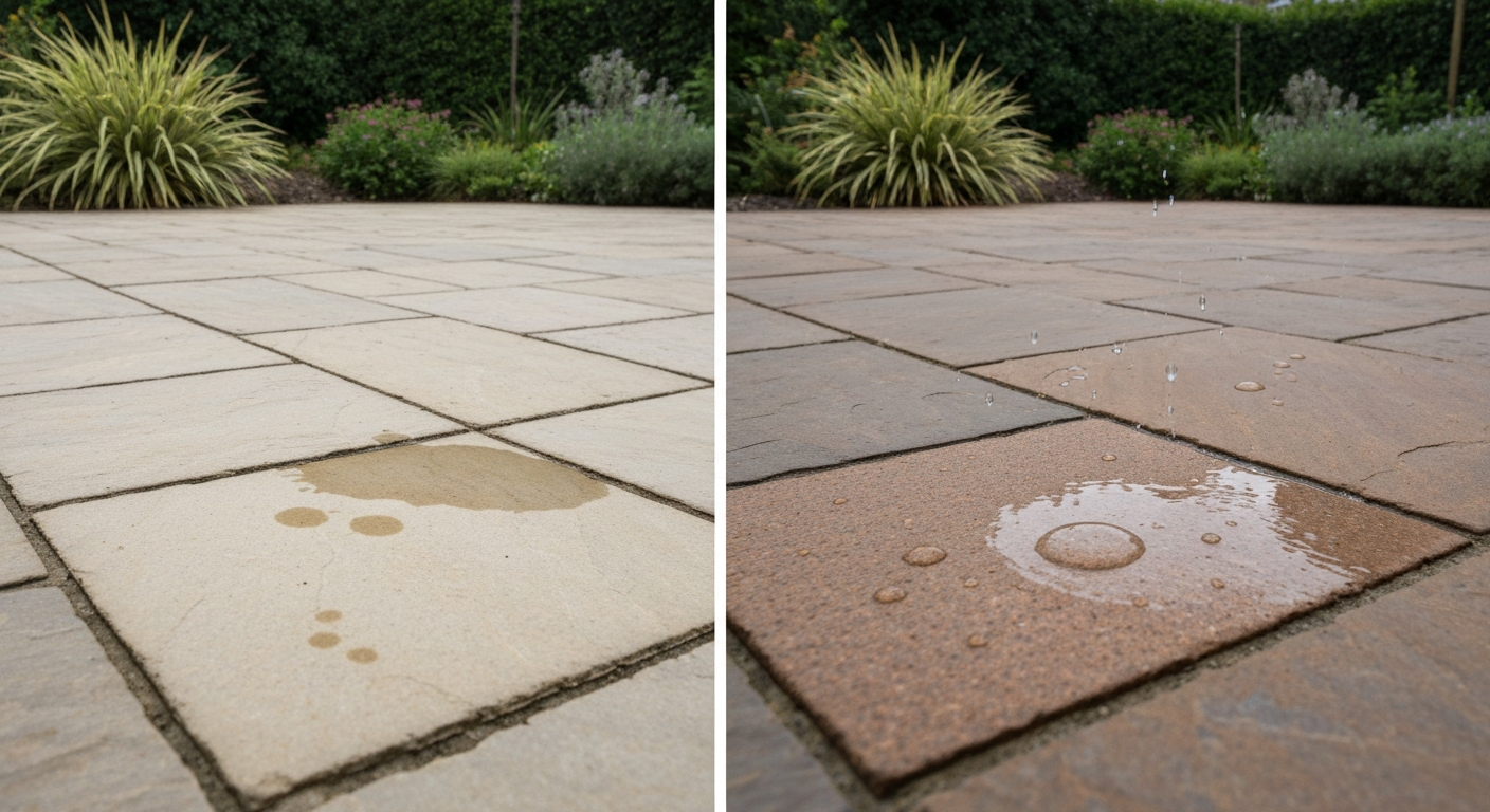 Split-view sandstone patio: left untreated with water soaking in, right sealed with color enhancement and water beading.