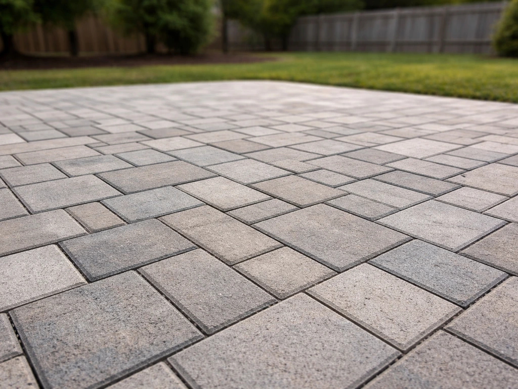 Finished patio with concrete pavers and visible joints, clean edges, outdoors setting