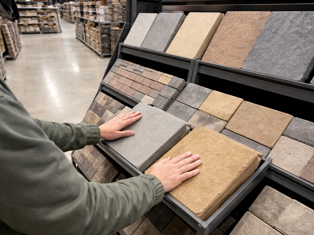 Shoppers browsing concrete patio pavers on display racks in a big-box home improvement store aisle
