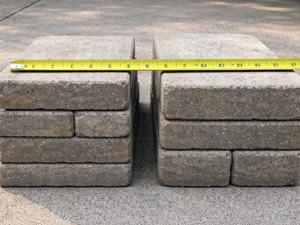 Tape measure measuring stacked concrete paver slabs, comparing 60mm patio vs 80mm driveway thickness.