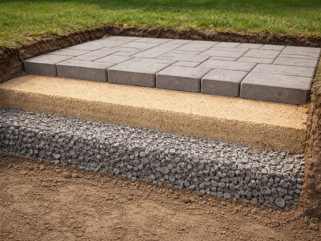 Cutaway view of interlocking paver patio layers: aggregate base, bedding sand, pavers, and jointing sand.