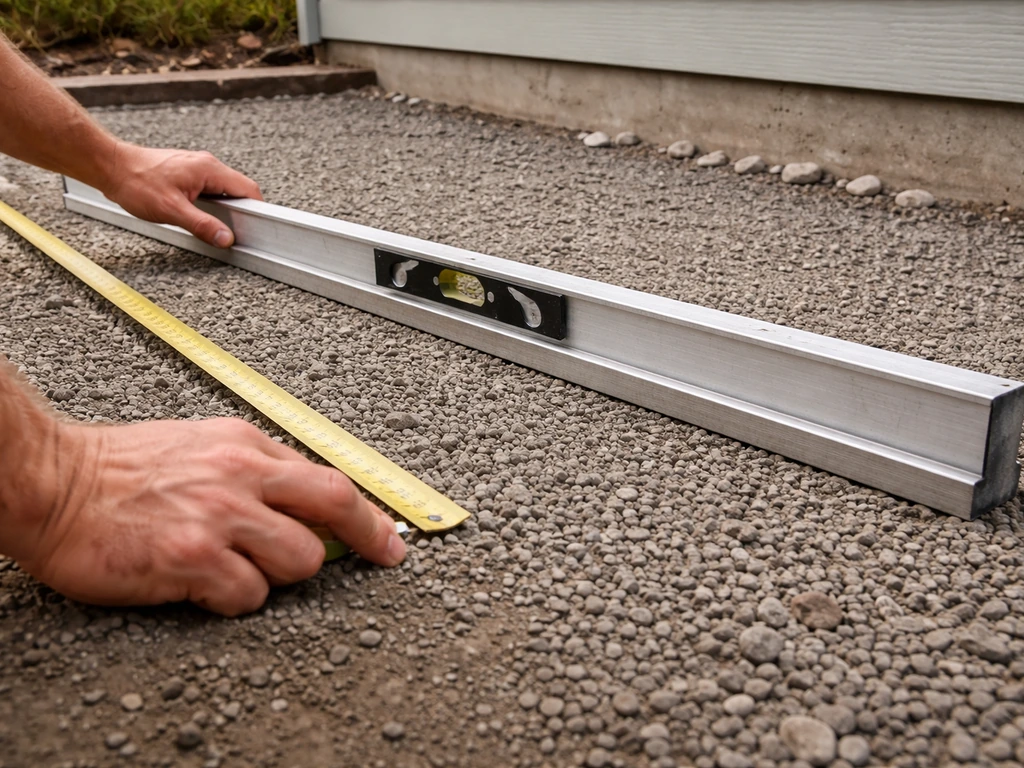 Contractor’s tape measure, level, and straightedge showing a compacted base thickness and drainage slope